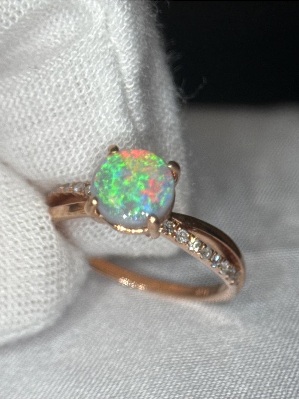 Rose Gold Opal Solitaire Ring with Pavé Accents - White Opal